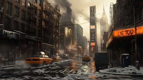 Snow-slick neon avenue with yellow cabs in moody dusk light.