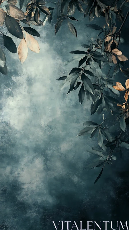 Muted foliage frames textured teal atmospheric background