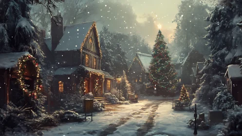 Snow covered village street illuminated by dense Christmas lighting