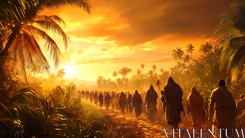 Hooded pilgrims crossing sunlit tropical jungle trail at dusk.