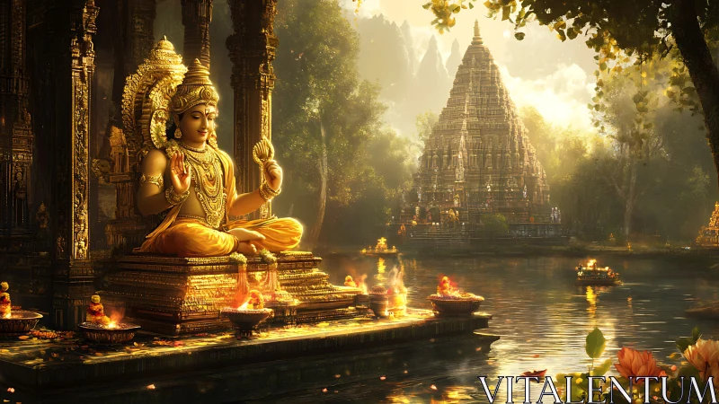 Golden riverside temple and serene meditating deity at dusk.
