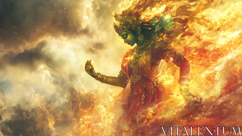 Radiant fire goddess dancing through swirling golden light.