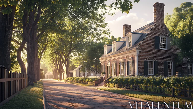 Tree-lined residential street with brick colonial house.