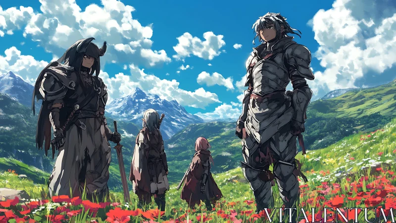 Armored fantasy party overlooking bright alpine valley.