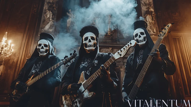 Skeletal rock trio performs in baroque hall filled with smoke