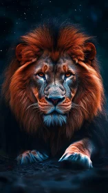 Low-key frontal lion portrait uses high-contrast teal orange grading