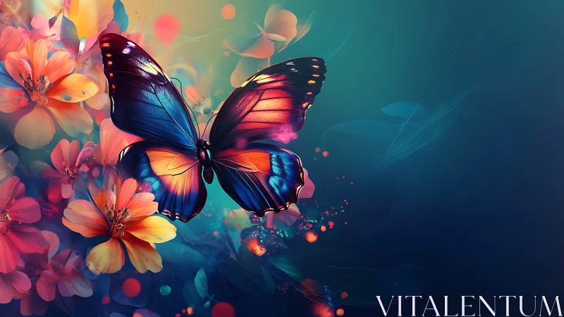 Bioluminescent butterfly with neon floral field on teal gradient