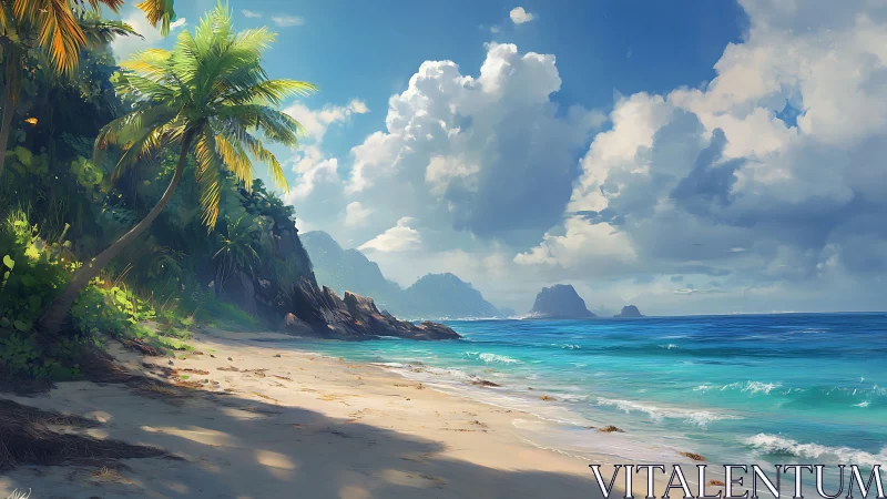 Tropical coastal landscape with sandy beach and distant mountain formations.