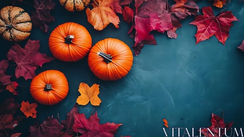 Autumn pumpkins on teal backdrop with scattered maple foliage.