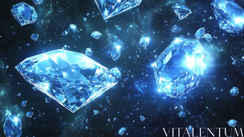 Luminous space diamonds drift through deep cosmic void.