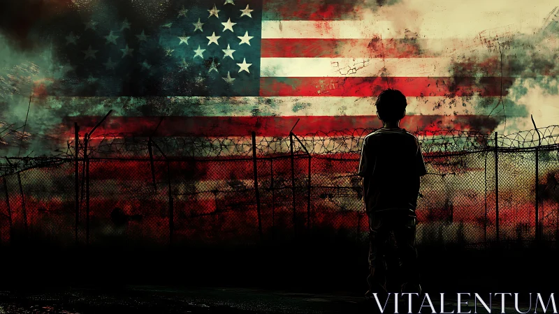 Child silhouette before distressed U.S. flag and fences.