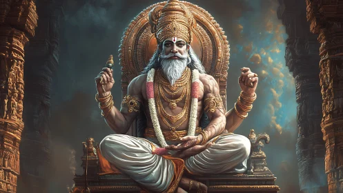 Divine sage enthroned amid ornate temple architecture in chiaroscuro