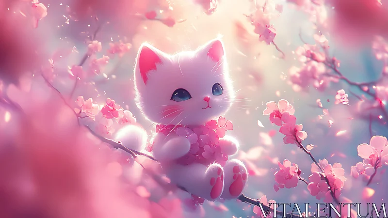 Luminescent Feline Character Amid Blooming Flora Composite.