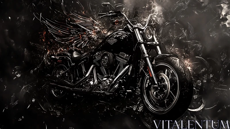 Custom black motorcycle with winged abstract energy backdrop.