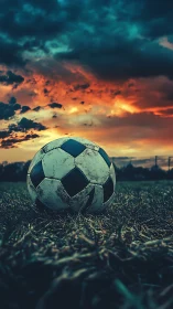 Battle-scarred soccer ball under storm-dyed sunset sky.