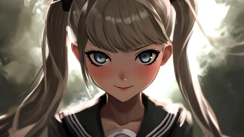 Stormlit schoolgirl meets the camera with luminous resolve