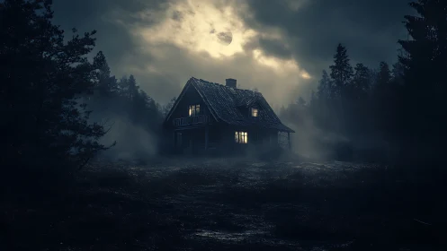 Lonely forest cabin glows under a haunting, misty full moon