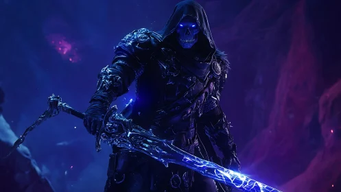 Hooded death knight wielding crackling neon blade.