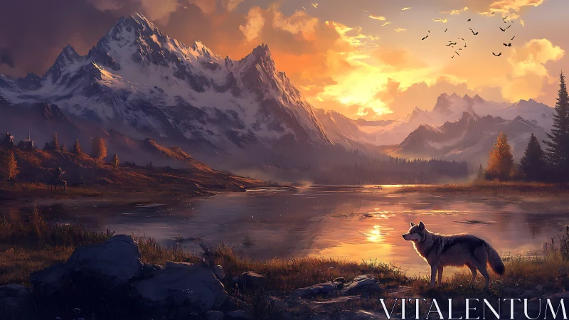 Golden sunset welcomes a lone wolf by mirrored mountains
