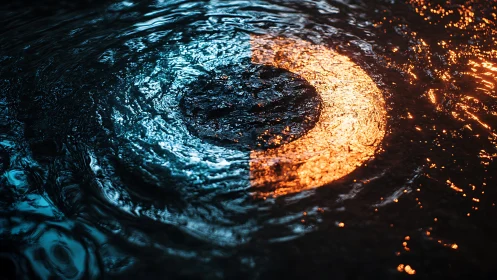 Bicolor circular light reflection across rippling water surface