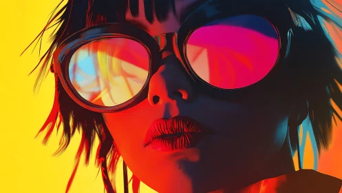 Neon-lit portrait isolates bold sunglasses and reflective glow