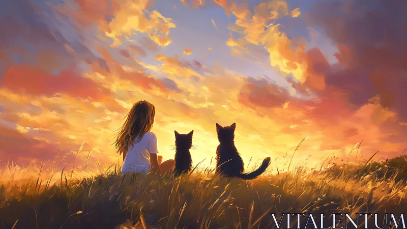 Girl and Cats Gaze at a Burning Sky's Golden Promise
