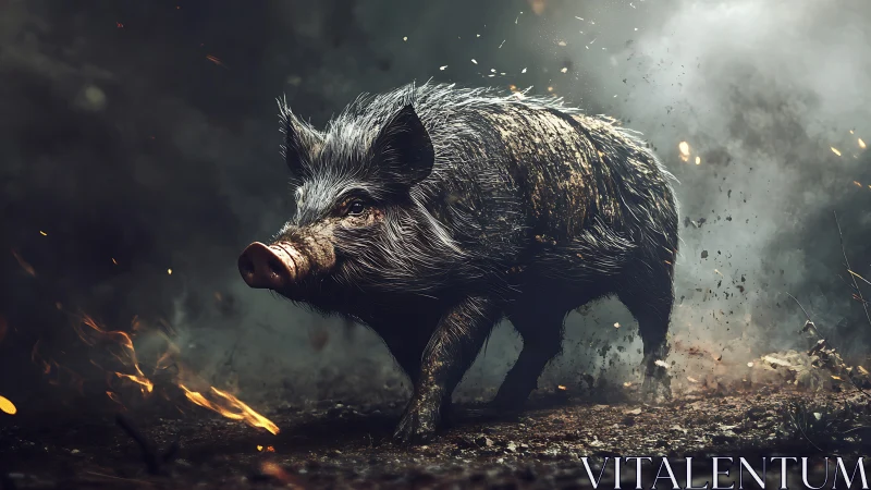 Wild boar charges through sparks in a dramatic forest inferno