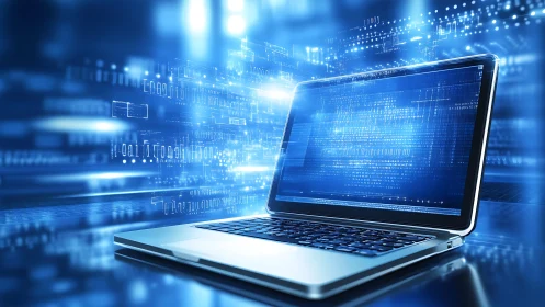 Open laptop with digital data interface in blue environment.