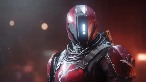 Starlit red armored guardian waiting in the neon dusk.