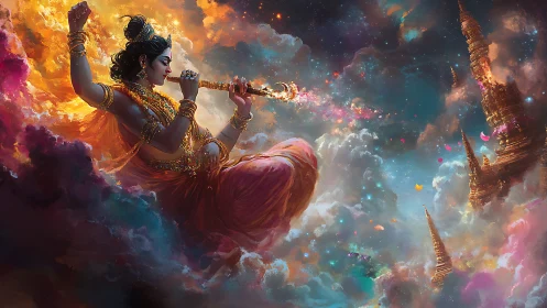 Celestial flute bearer weaving jeweled clouds of starlight.