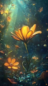 Golden forest blossoms glow softly in a dreamy twilight garden