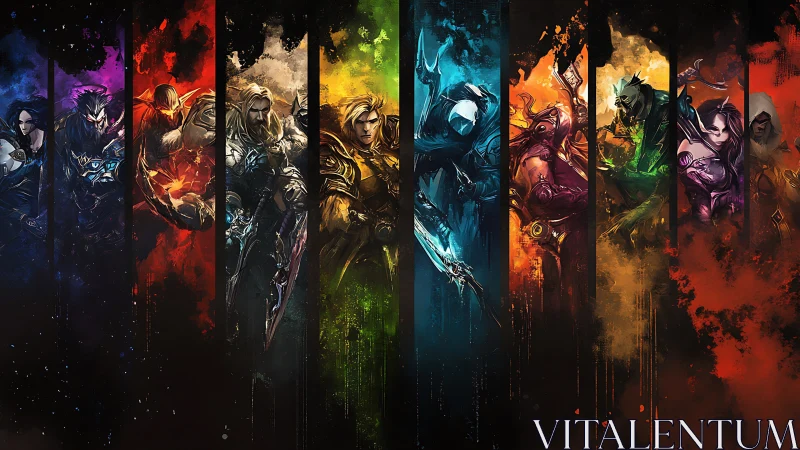 Colorful fantasy heroes united in a dramatic battle lineup.