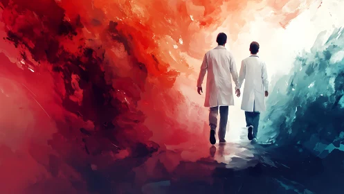 Two doctors walking between red and blue abstract clouds