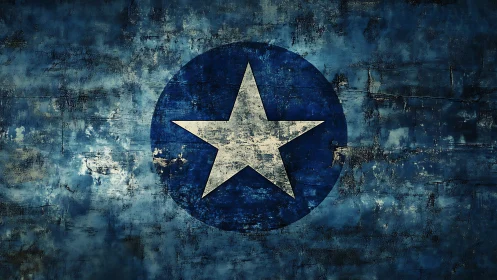 White star emblem on distressed textured blue background.