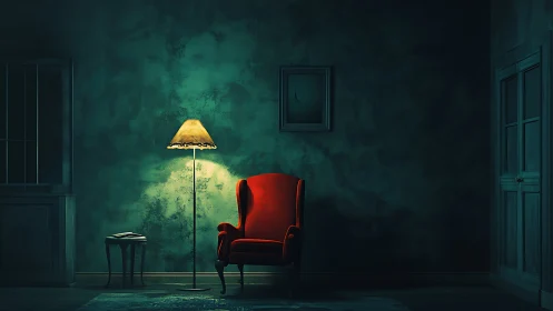 Red armchair and floor lamp in dim moody interior.