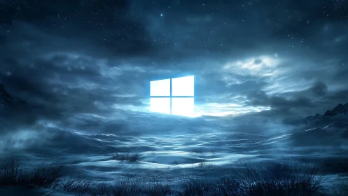 Glowing window over a dreamlike frozen night landscape.