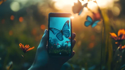 Smartphone captures luminous butterfly in golden meadow glow.