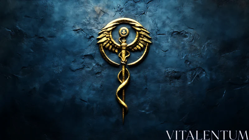 Golden caduceus emblem gleams on textured blue wall.