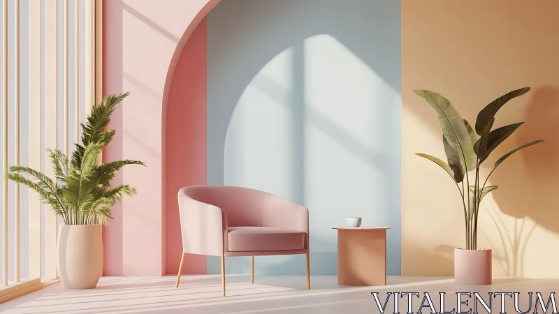 Pastel interior lounge scene shows chair, plants and light