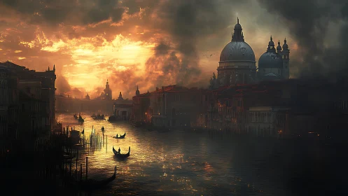 Venetian canal with domed basilica at dense sunset haze.