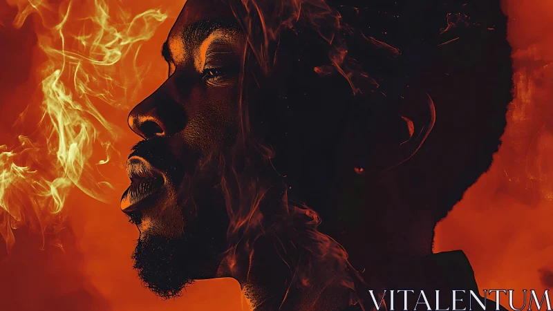 Portrait in burning smoke merges profile with fiery haze.