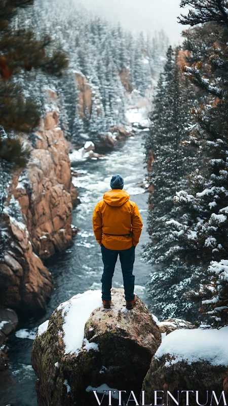 Hiker in yellow jacket overlooks snowy canyon river valley.