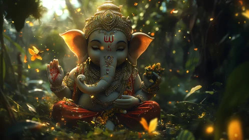 Divine child Ganesha meditates in luminous forest grove