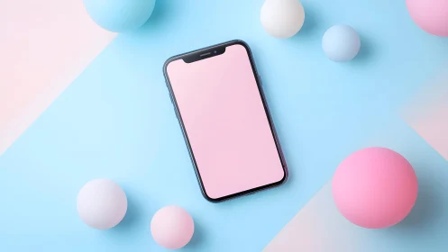 Smartphone lies on pastel blue surface with soft spheres