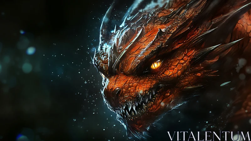 Side profile of glowing-eyed red dragon in dark scene.