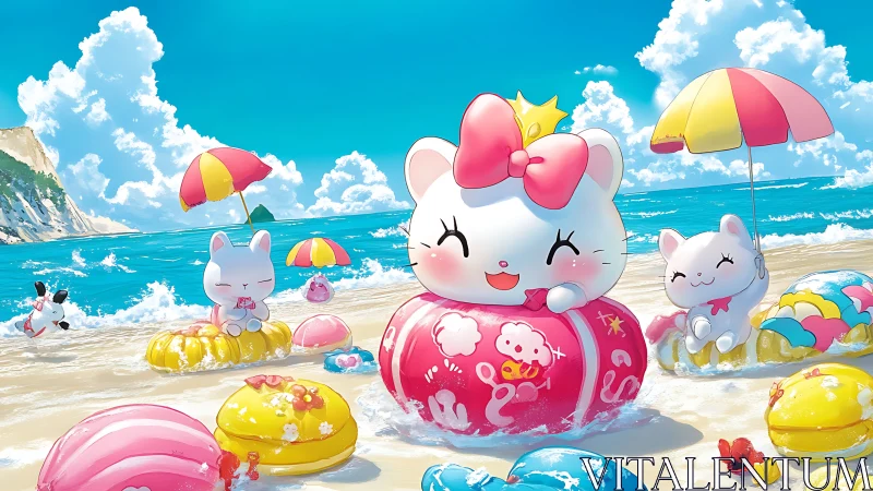 Crowned beach kitties surf candy-colored summer waves.