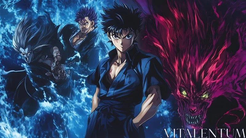 Triadic anime composition contrasts blue spectral warriors with red demon