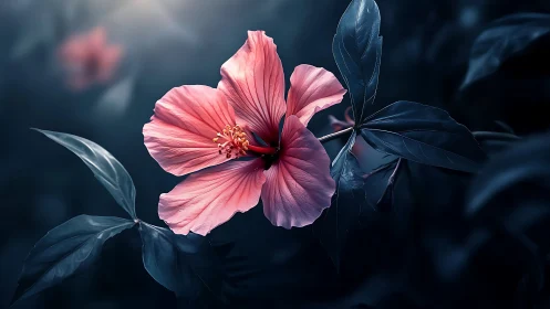 Pink Hibiscus Blossom Illuminated Against Dark Moody Background