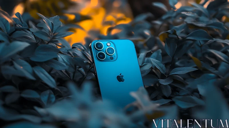 Blue smartphone positioned within foliage environment.