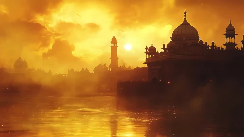 Sunlit domed palace rises through mist over reflective waters.